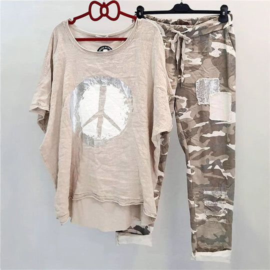 Damen nan lässiges Freizeit-Zweiteiler mit weit geschnittenem Leinenoptik-Shirt, Peace-Symbol und Camouflage-Jogpant mit Patchdetails R&B