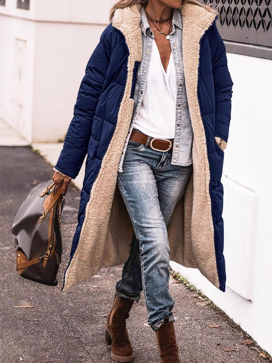 Damen lange Steppjacke mit kuscheligem Teddyfutter und großem Revers R&B