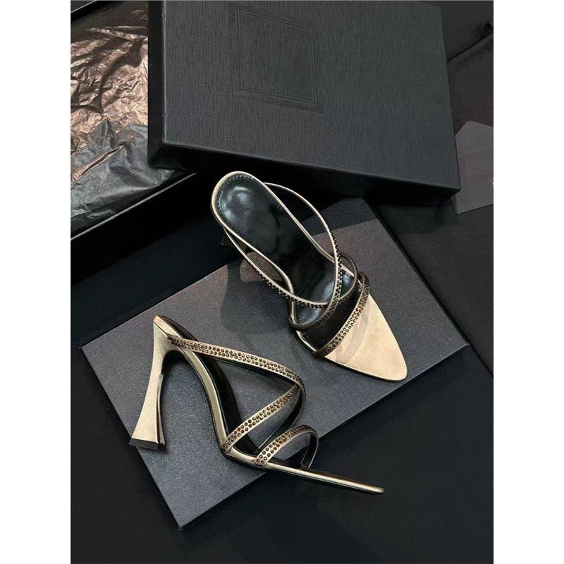 Damen elegante Absatzsandalen mit modischem Riemendesign und funkelnden Strassakzenten R&B