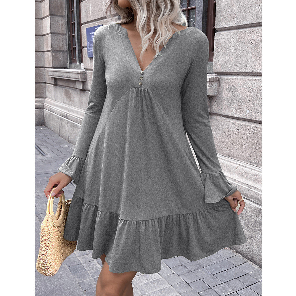 Damen lockeres Kleid mit schmeichelndem V-Ausschnitt und Glockenärmeln R&B
