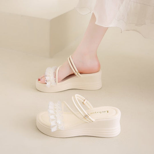 Damen Wedge-Sandalen mit Rüschen und Perlenverzierung R&B