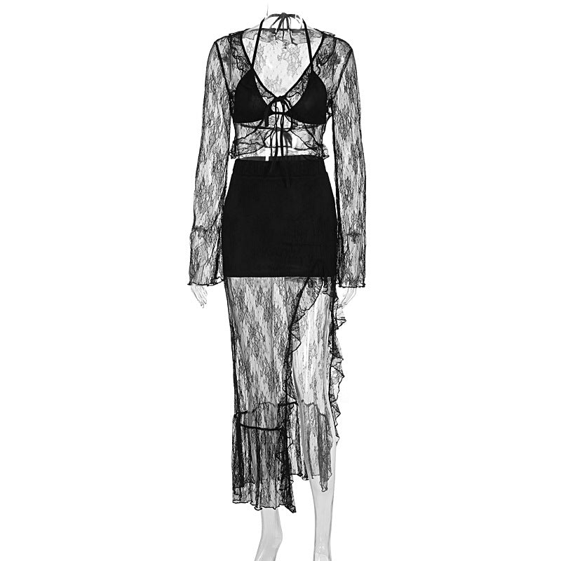 Damen Transparente Bluse mit Rüschenärmel und frechem Bindeband R&B
