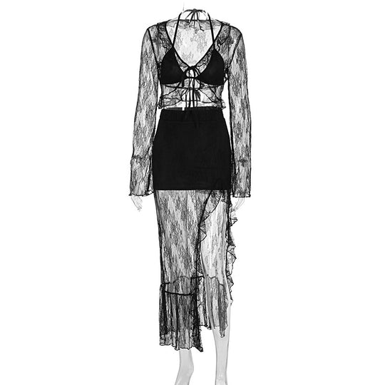Damen Transparente Bluse mit Rüschenärmel und frechem Bindeband R&B