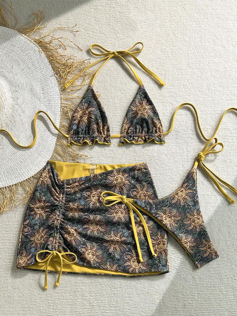 Damen Triangel-Bikini-Set mit rüschenfreien Details und Wickelrock R&B