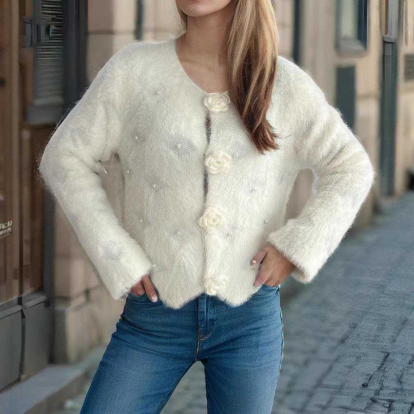 Damen Strickjacke mit floralen Applikationen und perlverzierter Detail R&B