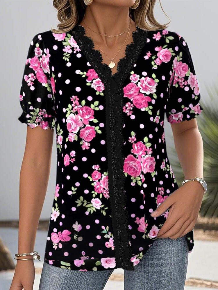 Damen Blusenshirt mit floralem Design und femininen Spitzenakzenten Heidi-Mode