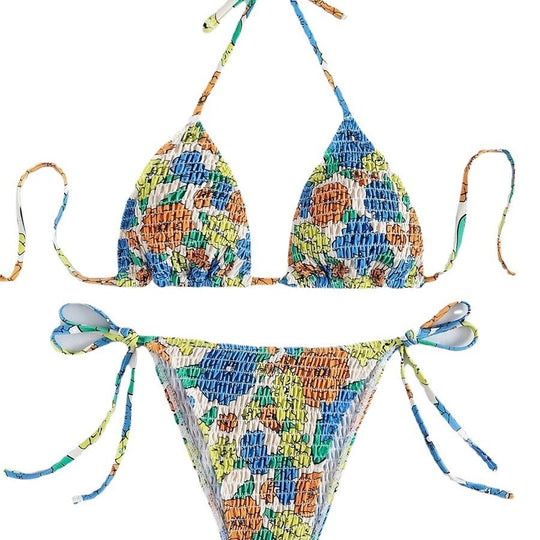 Damen Triangel-Bikini mit buntem Floral-Muster und elastischen Bindebändern R&B