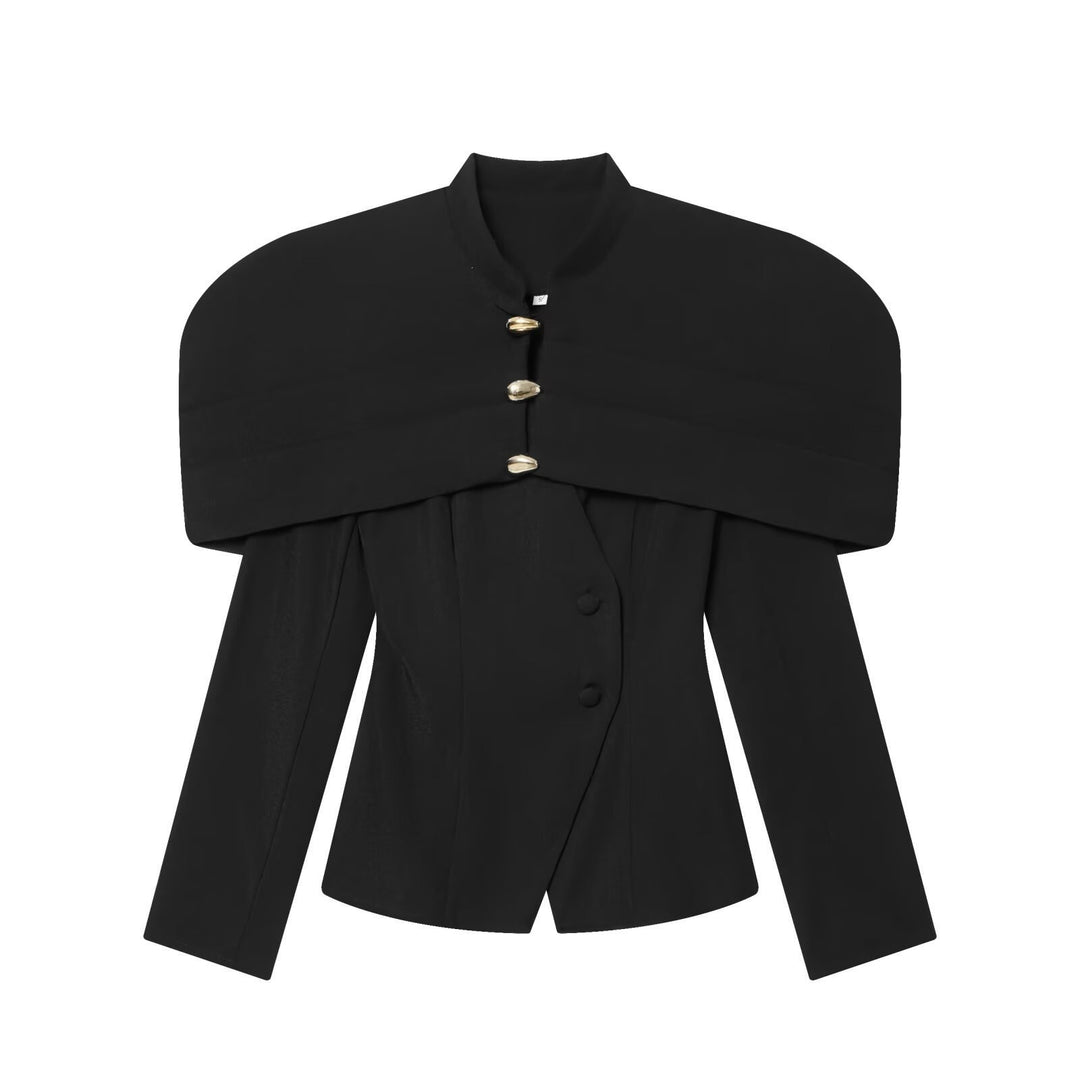 Damen elegante Blazerjacke mit übergroßen Schulterklappen und goldenen Knopfdetails R&B