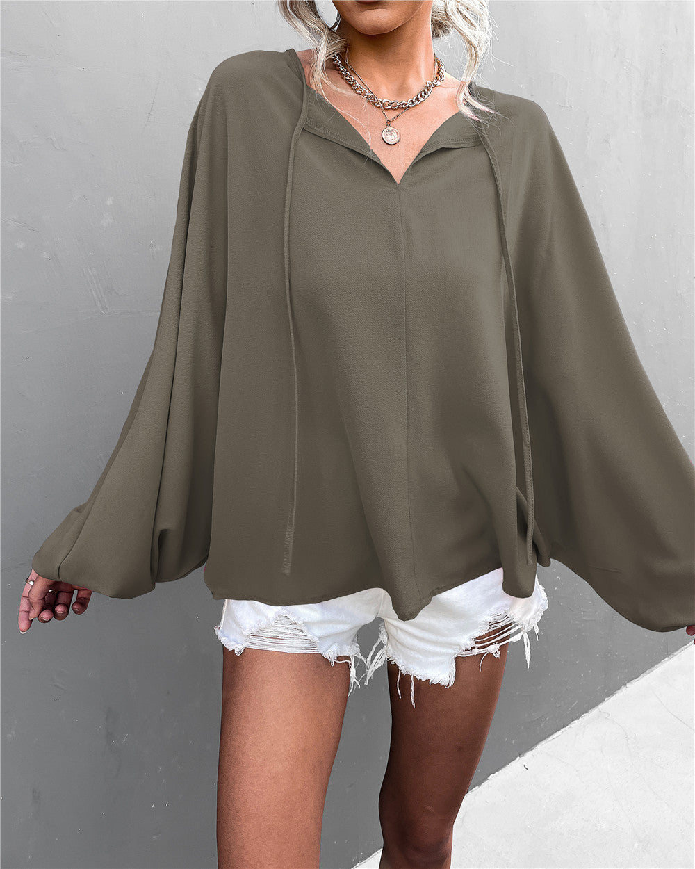 Damen luftiges Blusenshirt mit weiten Ärmeln und modischem Schleifendetail R&B