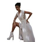 Damen Maxikleid mit tiefem V-Ausschnitt und seitlichem Schlitz R&B