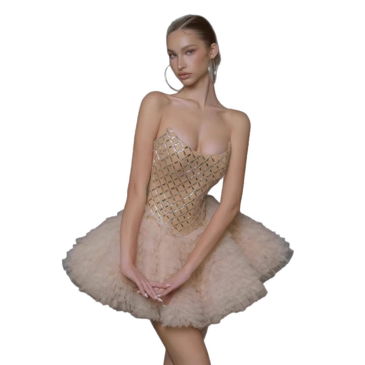 Damen Glamouröses Tüll-Cocktailkleid mit schimmerndem Oberteil R&B