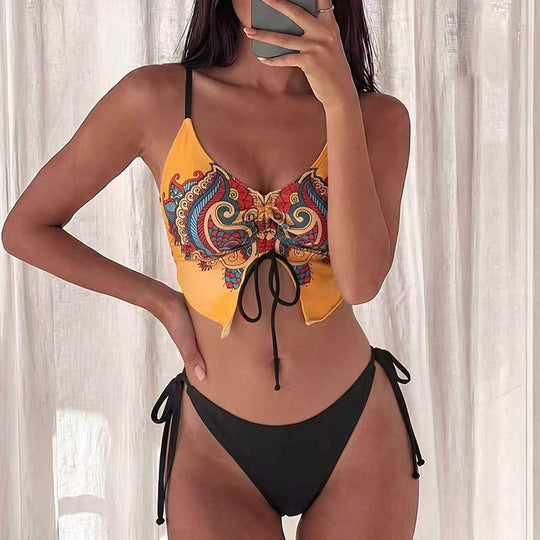 Damen Bikini-Oberteil mit kunstvollem Musterdruck und verstellbaren Trägern R&B