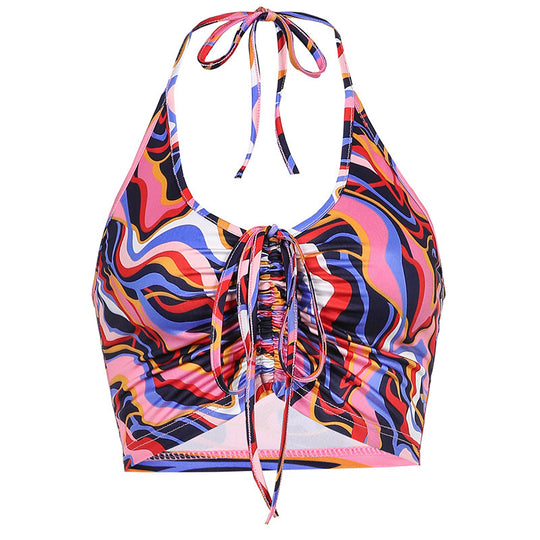 Damen Crop-Bikini-Oberteil mit Kordelzug und farbenfrohem Design R&B