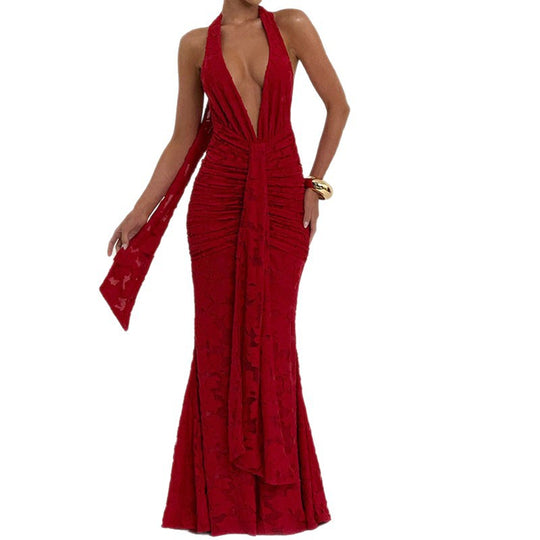 Damen Elegantes, figurbetontes Abendkleid mit tiefem V-Ausschnitt und Rüschendetails R&B