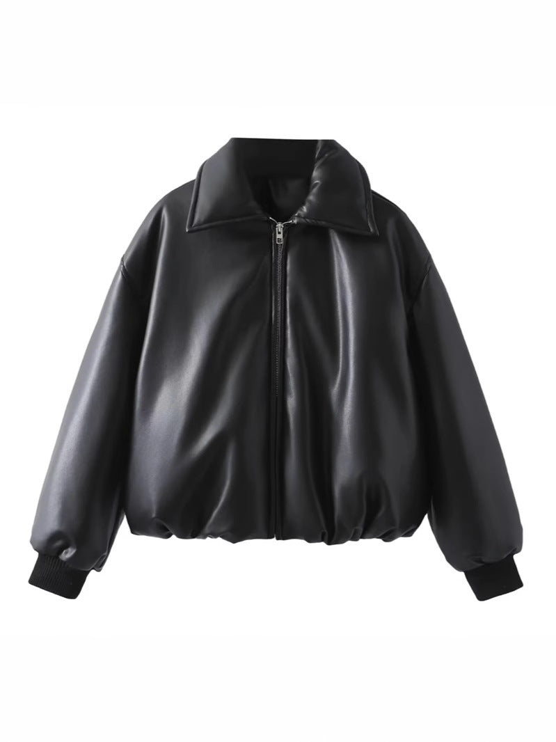 Damen lässige Kunstlederjacke mit voluminösem Schnitt und praktischen Taschen R&B