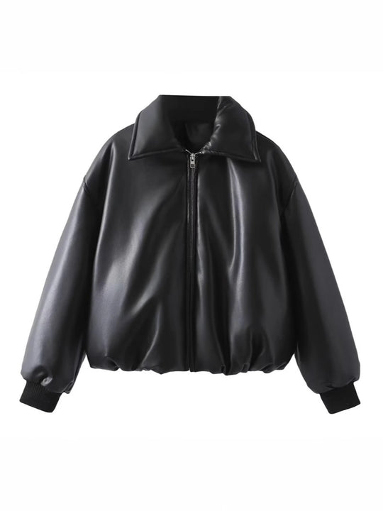Damen lässige Kunstlederjacke mit voluminösem Schnitt und praktischen Taschen R&B