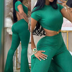 Damen cropped Oberteil mit hochtaillierter Hose im Ripp-Design R&B