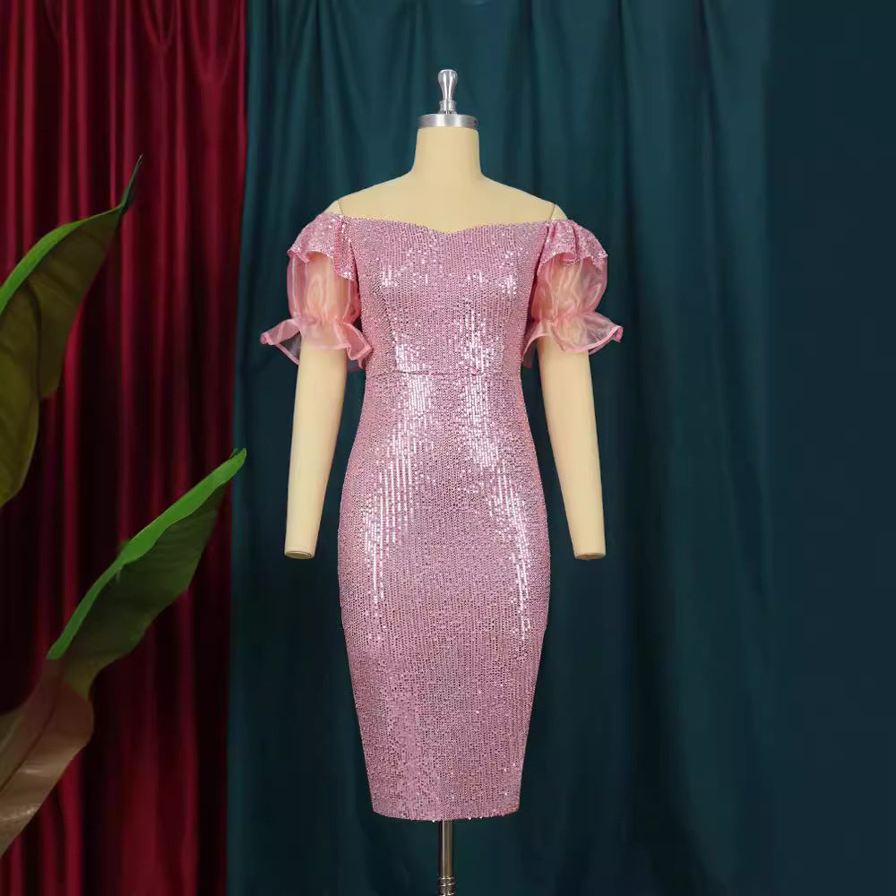 Damen glamouröses Abendkleid mit Glitzer und transparenten Puffärmeln R&B