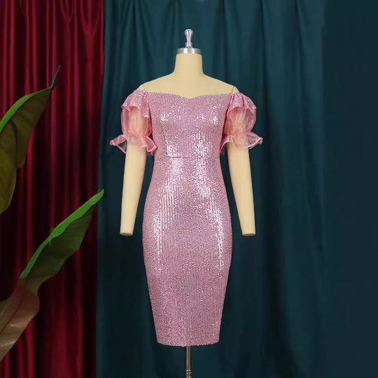 Damen glamouröses Abendkleid mit Glitzer und transparenten Puffärmeln R&B