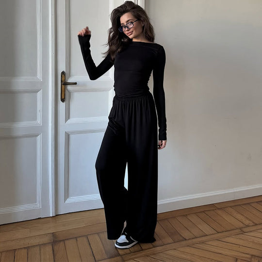 Damen Loungewear Set aus langärmligem Oberteil und weit geschnittenen Hosen R&B