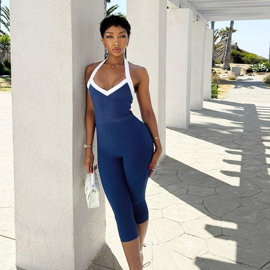 Damen eleganter, figurbetonter Jumpsuit mit V-Ausschnitt und raffinierter Schnürung R&B
