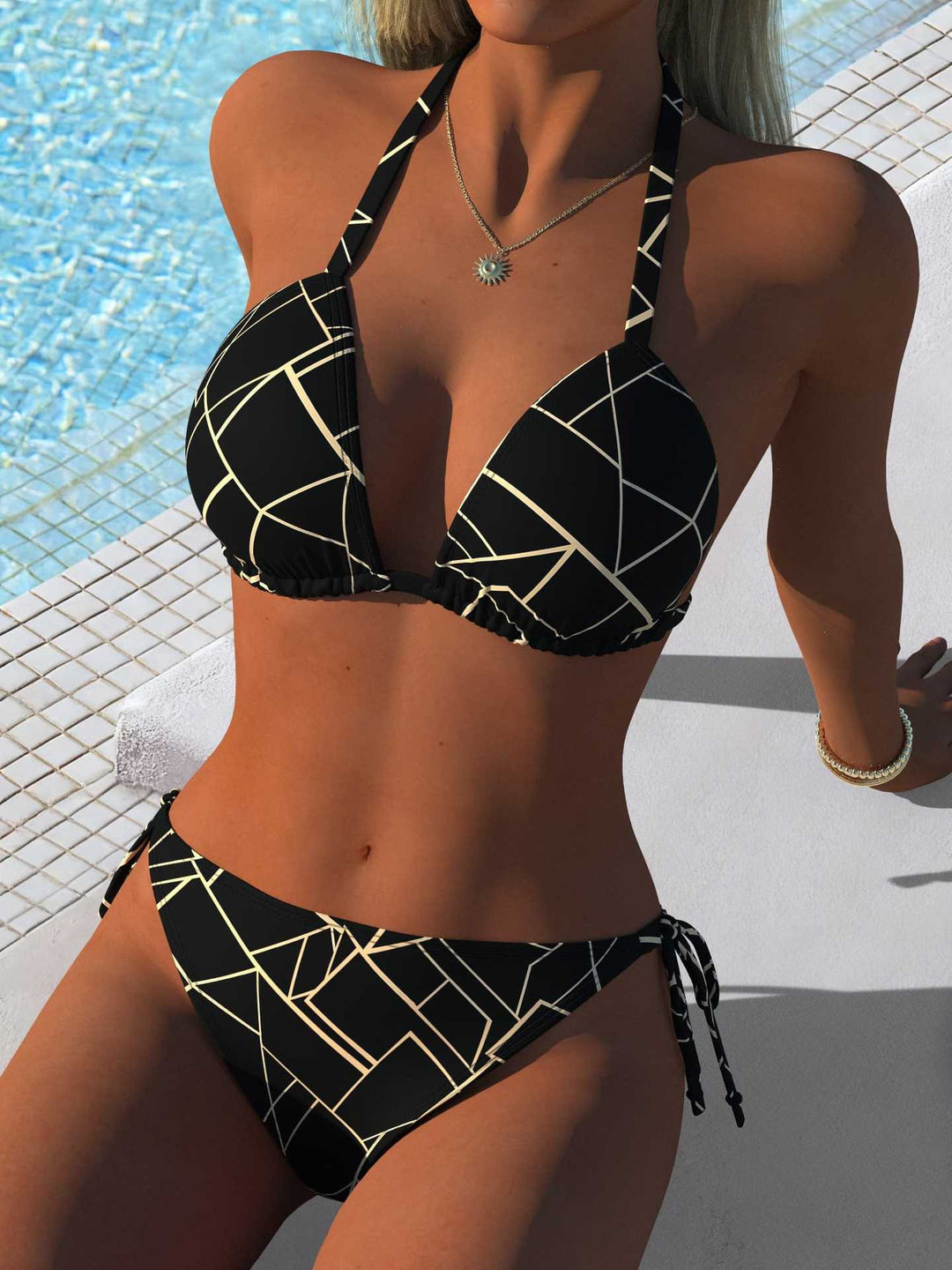 Damen Bikini-Set mit gefaltetem Triangel-Oberteil und verstellbaren Seitenschnüren R&B
