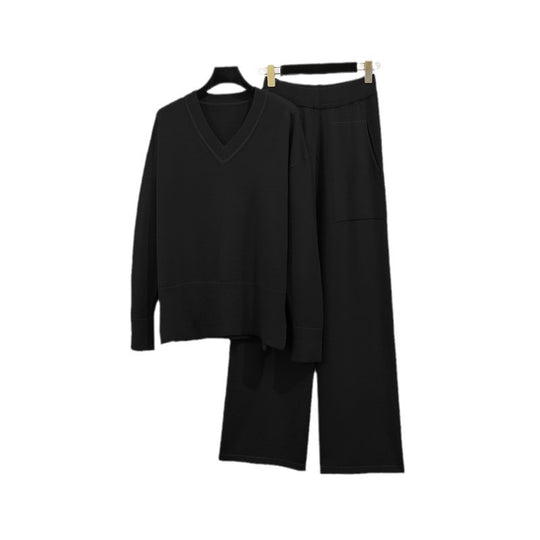 Damen lässiges Strick-Loungewear-Set mit tiefem V-Ausschnitt und praktischen Taschen R&B