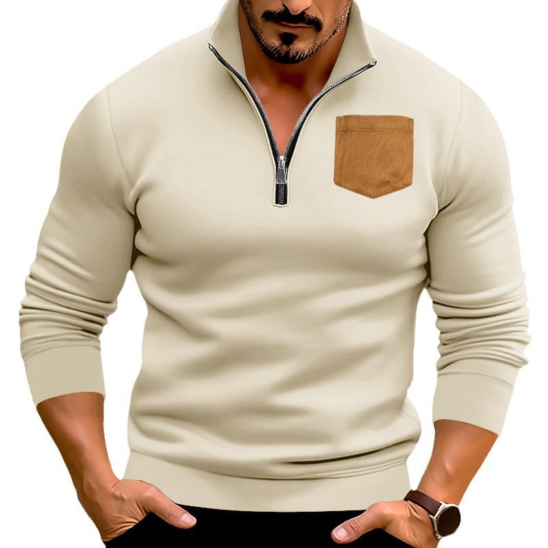 Herren modischer Pullover mit halbem Reißverschluss und kontrastierender Brusttasche R&B