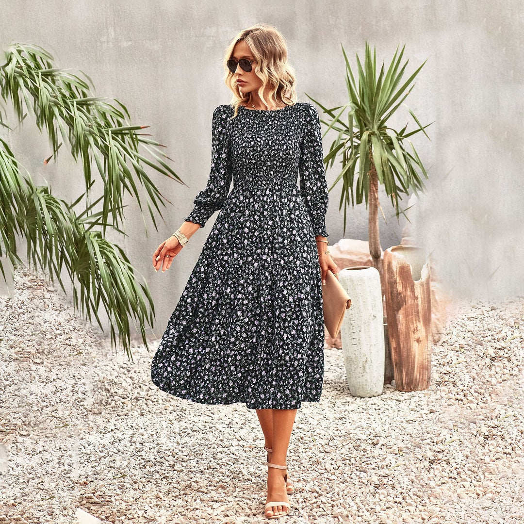 Damen Florales Midi-Kleid mit Geraffter Taille und Langen Ärmeln R&B