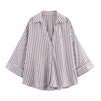 Damen nan oversized Streifen-Hemdbluse mit überschnittener Schulter, 3/4-Ärmel und verlängertem Rückensaum R&B