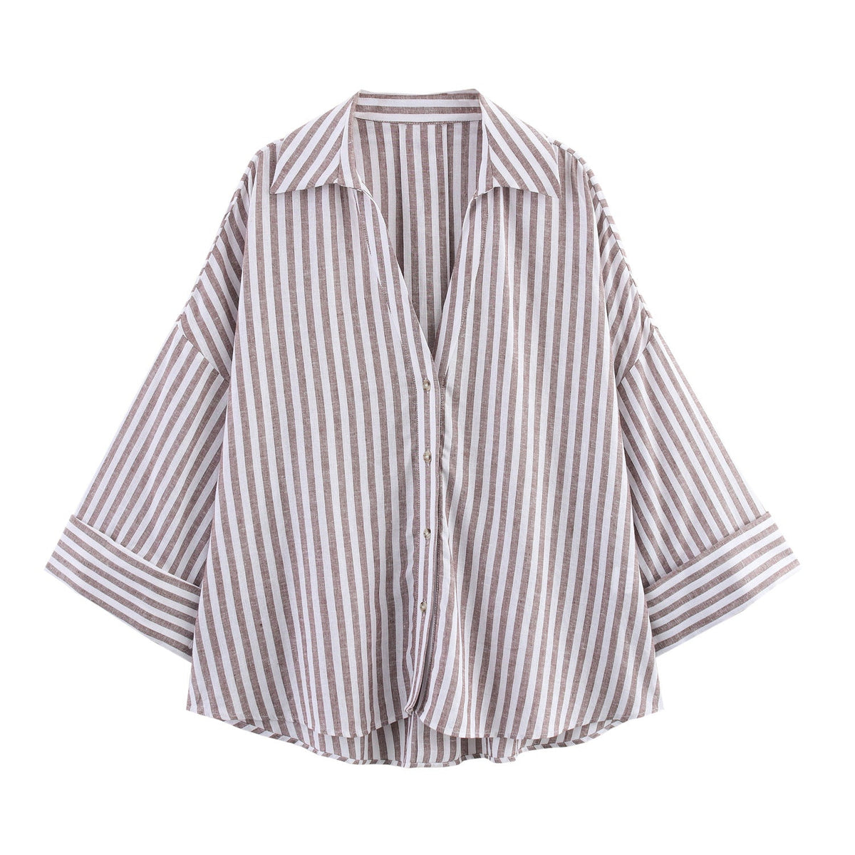 Damen nan oversized Streifen-Hemdbluse mit überschnittener Schulter, 3/4-Ärmel und verlängertem Rückensaum R&B