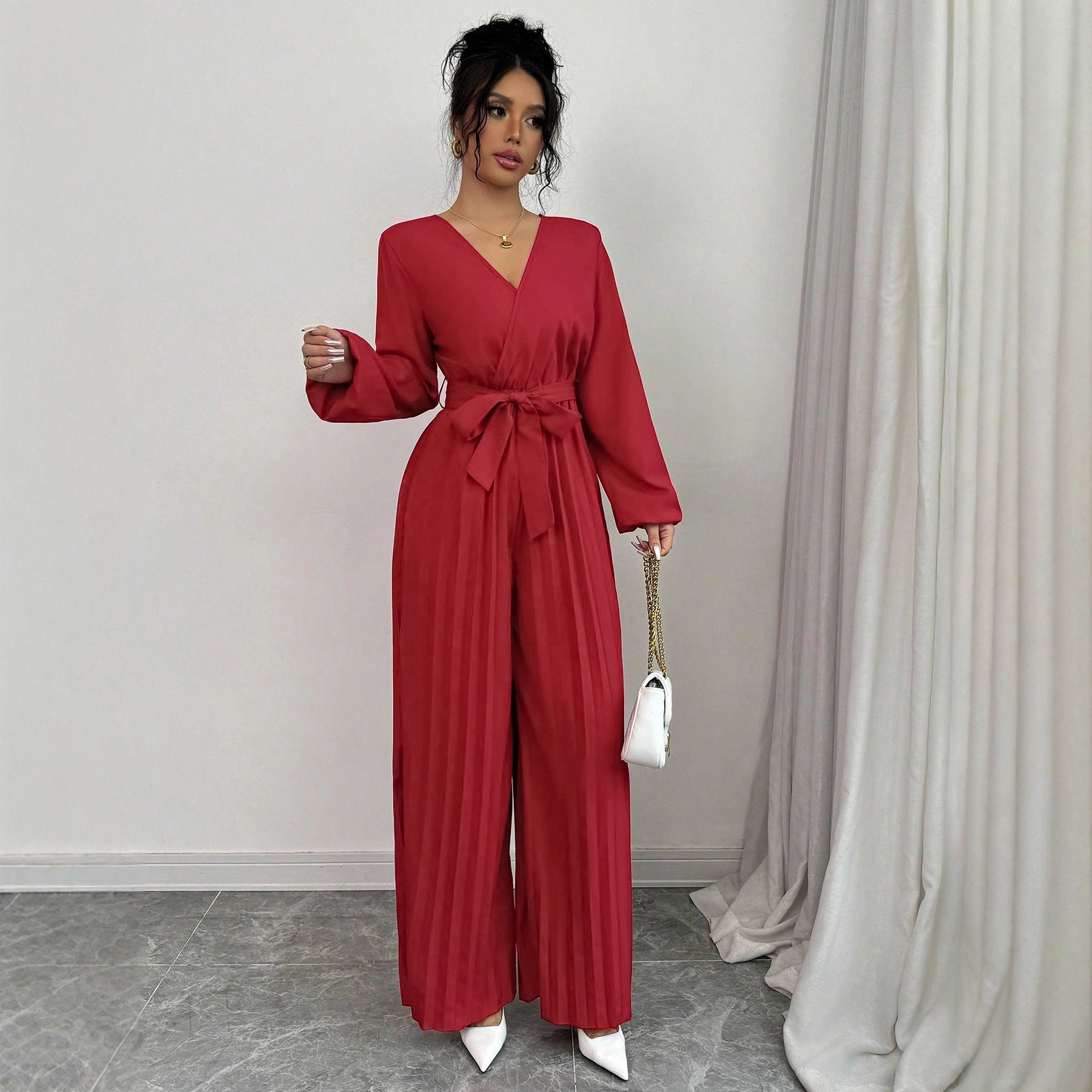 Damen Eleganter Jumpsuit mit taillierbarem Gürtel und plissiertem Schnitt R&B