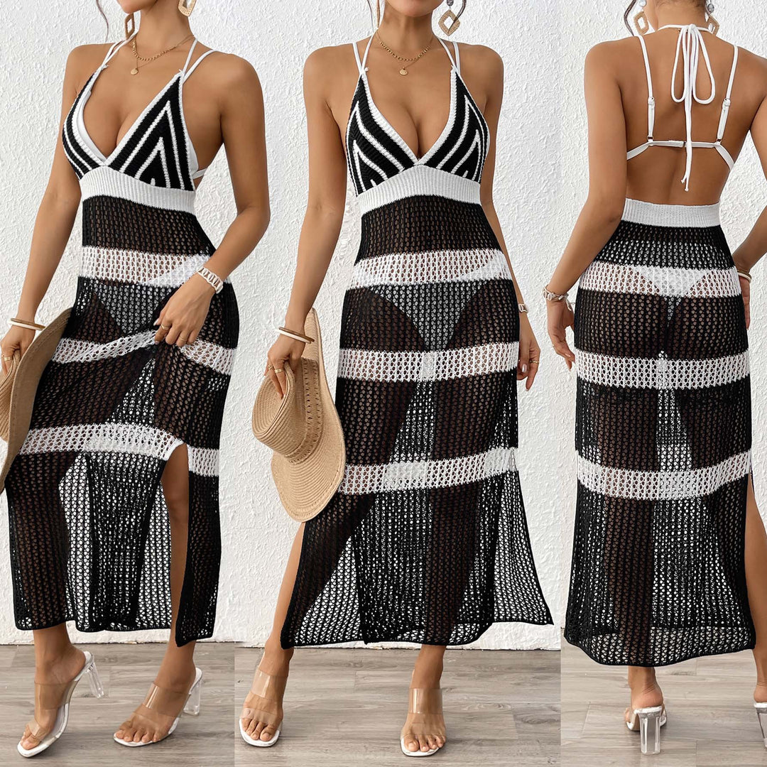 Damen gehäkelter Strandüberwurf mit stilvollem V-Ausschnitt und eleganten Streifendetails R&B