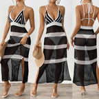 Damen gehäkelter Strandüberwurf mit stilvollem V-Ausschnitt und eleganten Streifendetails R&B