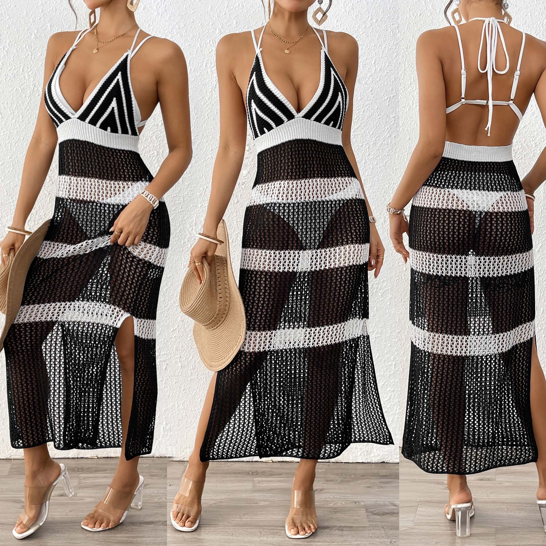 Damen gehäkelter Strandüberwurf mit stilvollem V-Ausschnitt und eleganten Streifendetails R&B