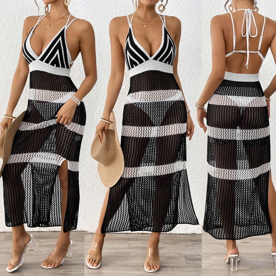 Damen gehäkelter Strandüberwurf mit stilvollem V-Ausschnitt und eleganten Streifendetails R&B