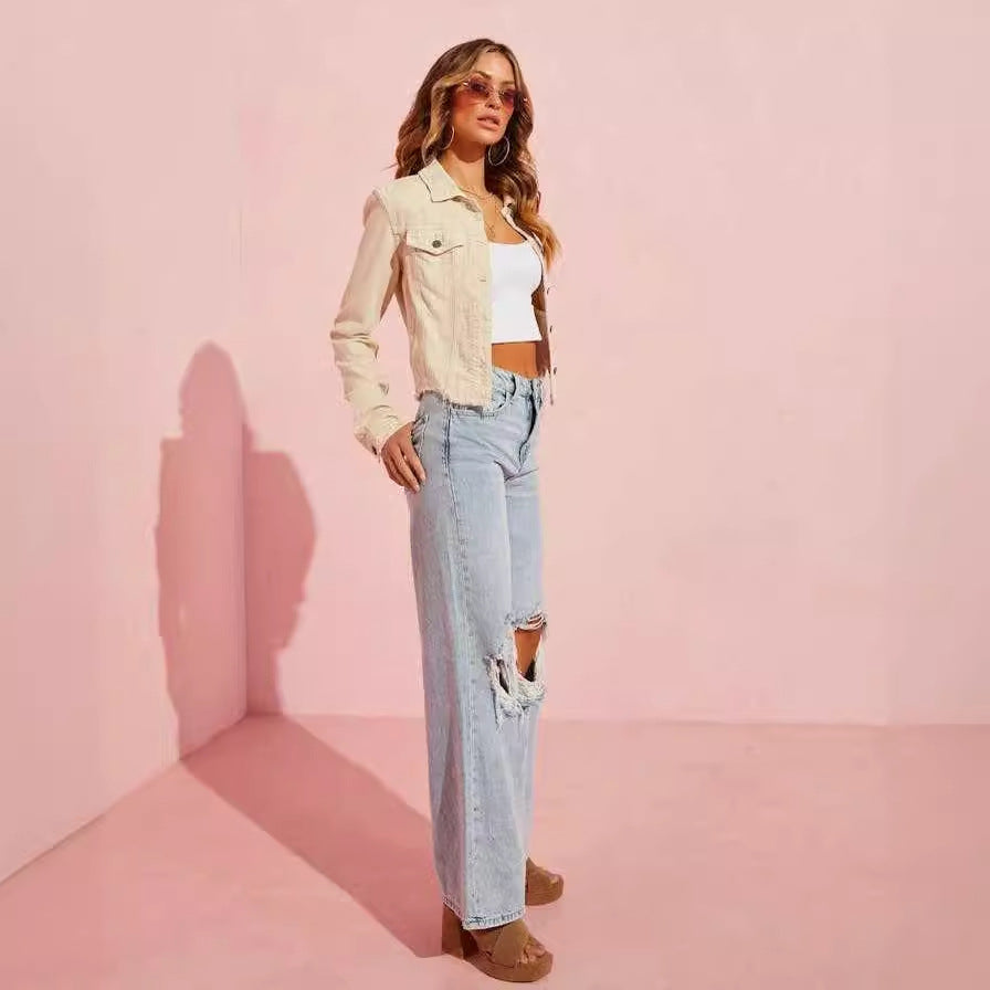 Damen Jeansjacke mit lässigem Schnitt und fransigem Saum R&B