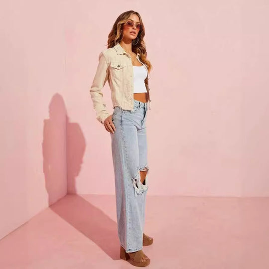 Damen Jeansjacke mit lässigem Schnitt und fransigem Saum R&B