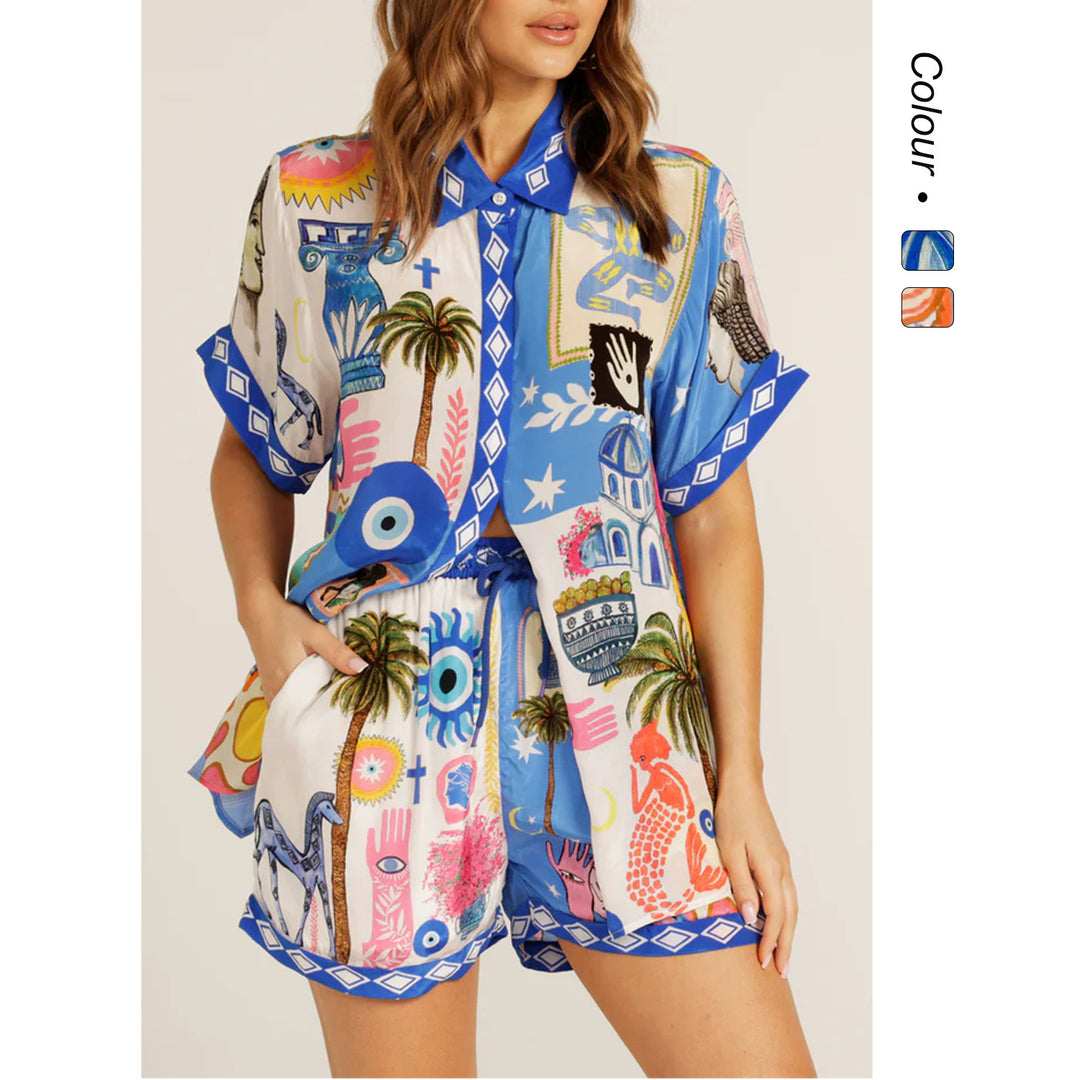 Damen Set aus leichtem, bedrucktem Kurzarmhemd und Shorts mit buntem Design R&B