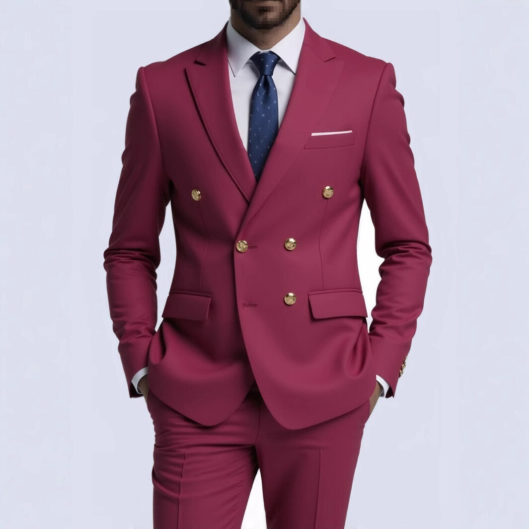 Herren nan doppelreihiger Slim-Fit Anzug mit goldenen Zierknöpfen und schmaler Businesshose R&B