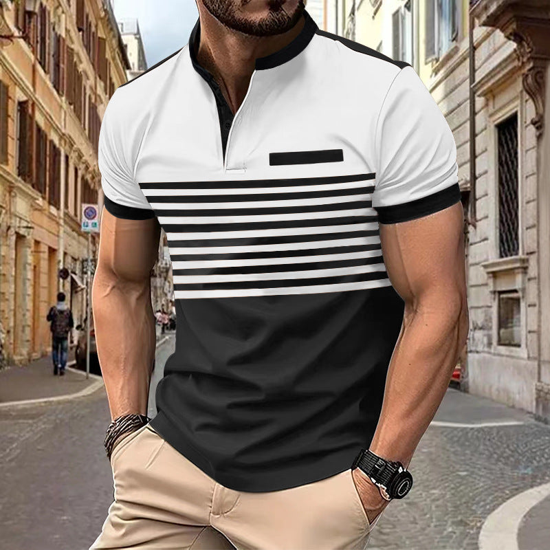 Herren nan kurzärmeliges Henley-Oberteil mit kurzer Knopfleiste, Brustpaspel und Blockstreifen R&B