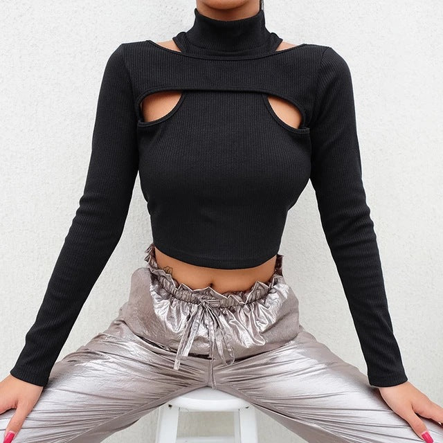 Damen trendiges Oberteil mit Cut-Outs und hohem Kragen R&B