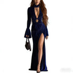 Damen Elegantes Samtkleid mit dramatischem Schlitz und Raffungen