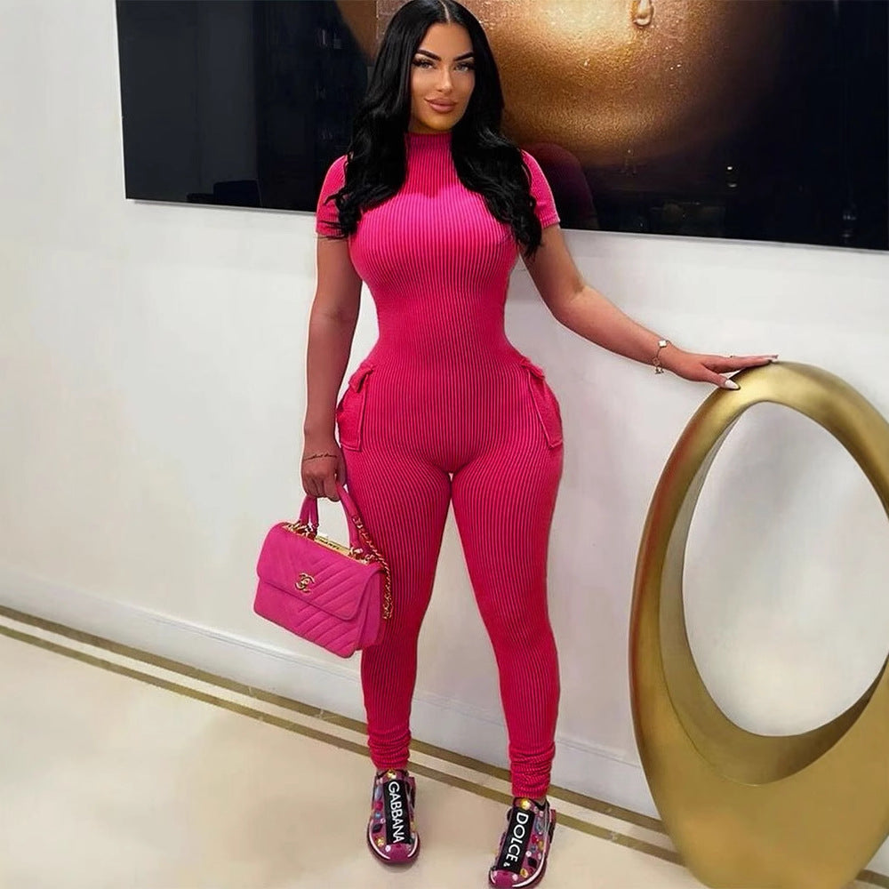 Damen figurbetontes Jumpsuit mit hohem Kragen und Seitentaschen R&B