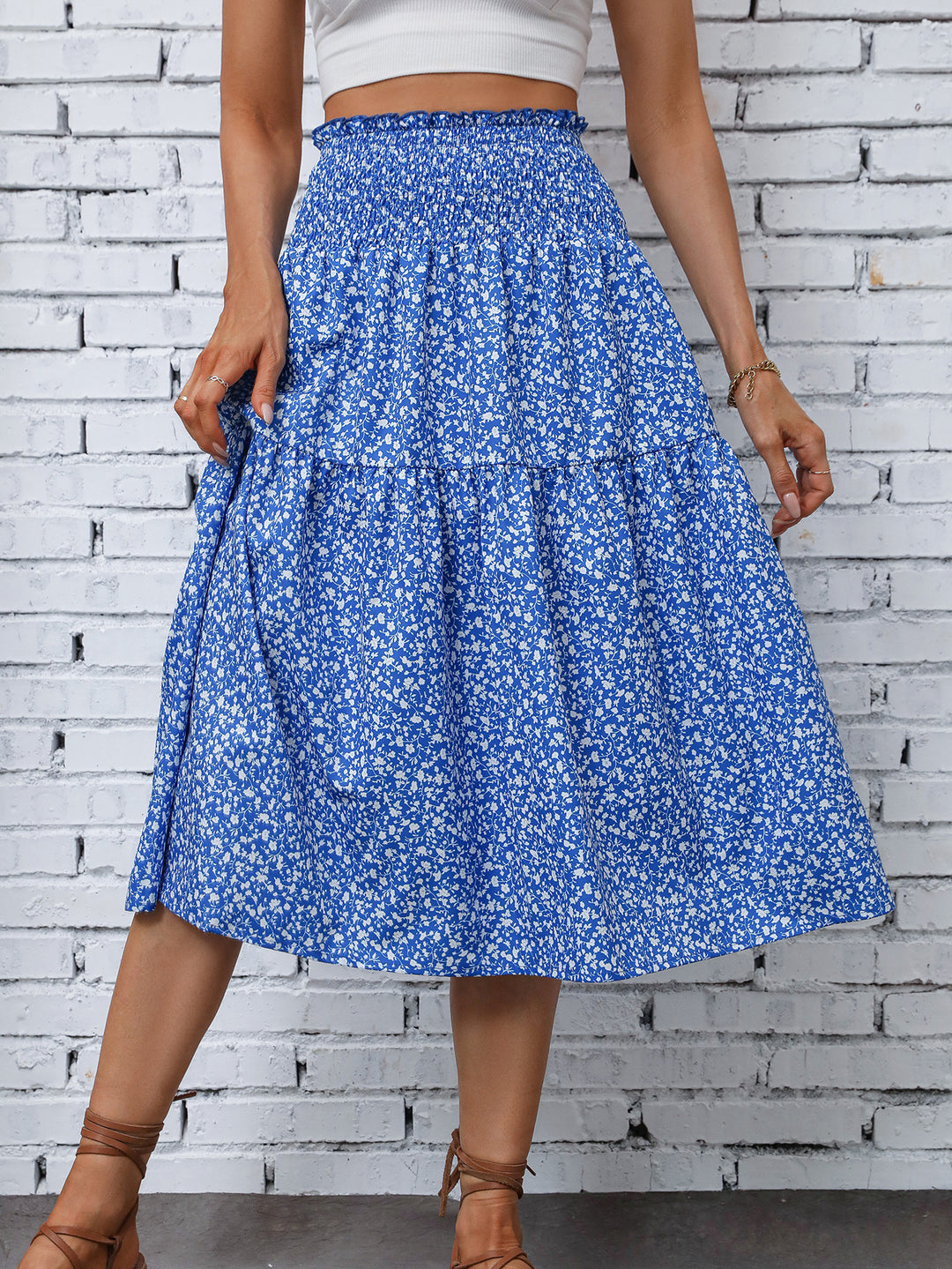 Damen Langer Rock mit floralem Print und elastischem Bund Heidi Mode