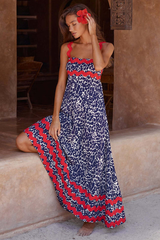 Damen Maxikleid mit elegantem Wellenmuster und fließendem Rock R&B