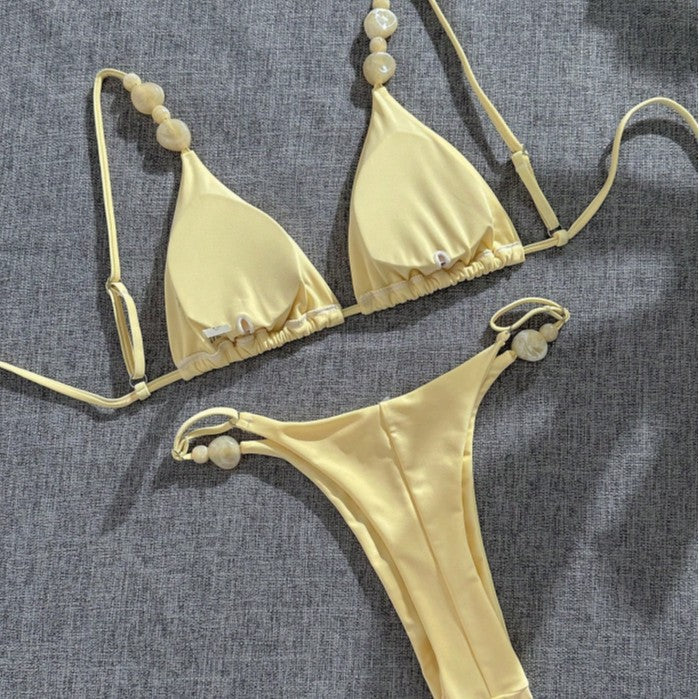 Damen Triangel-Bikini mit dekorativen Perlenakzenten und feinem Minimaldesign R&B
