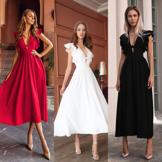 Damen Maxikleid mit raffiniertem V-Ausschnitt und voluminösen Rüschenärmeln R&B