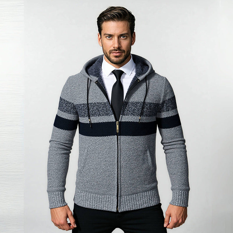 Herren stylische Strickjacke mit Kapuze und innovativem Design