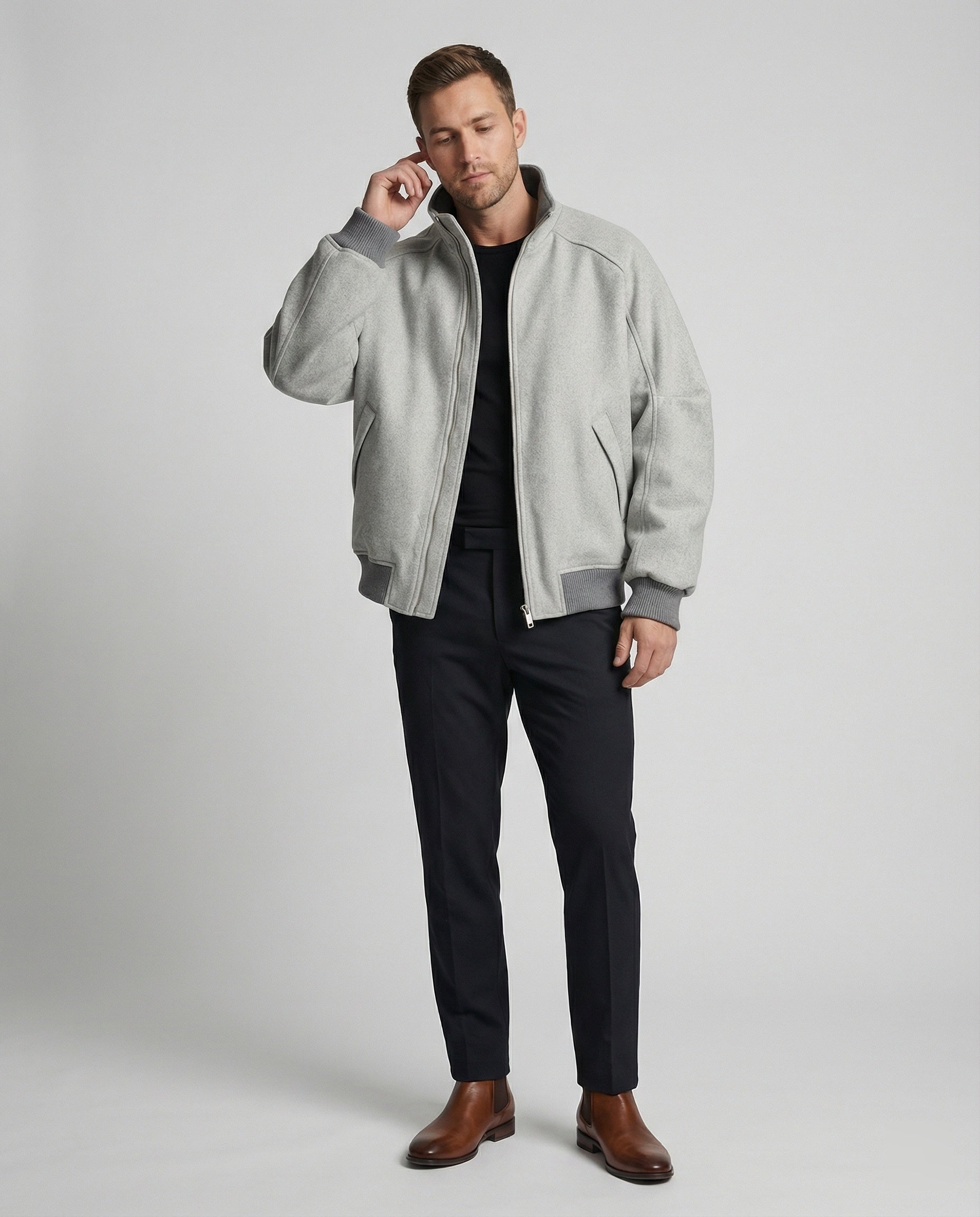 Herren Oversize-Wollmix-Blouson mit hohem Stehkragen verdecktem Zweiwege-Reißverschluss und gerippten Ärmelbündchen R&B